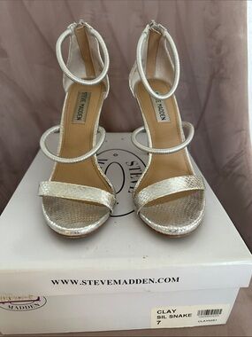 Steve Madden Silver Snake-Print Strappy Heels